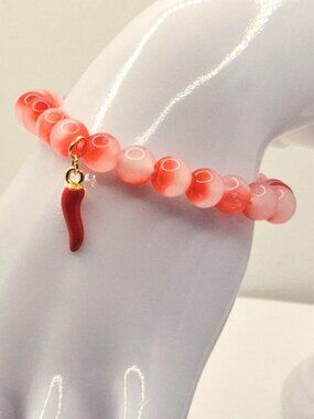 Red Orange Bead Bracelet With Red Chili Protection Charm - Stretchable Handmade